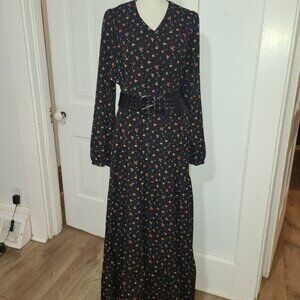 Black W/ Pink Floral Maxi Dress Size XL Boho Chic Prairie Style Ruffle Bottom
